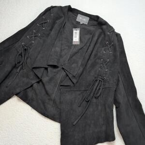 Miss Me Women’s S Suede Lace-Up Jacket Black Open Front Western Boho